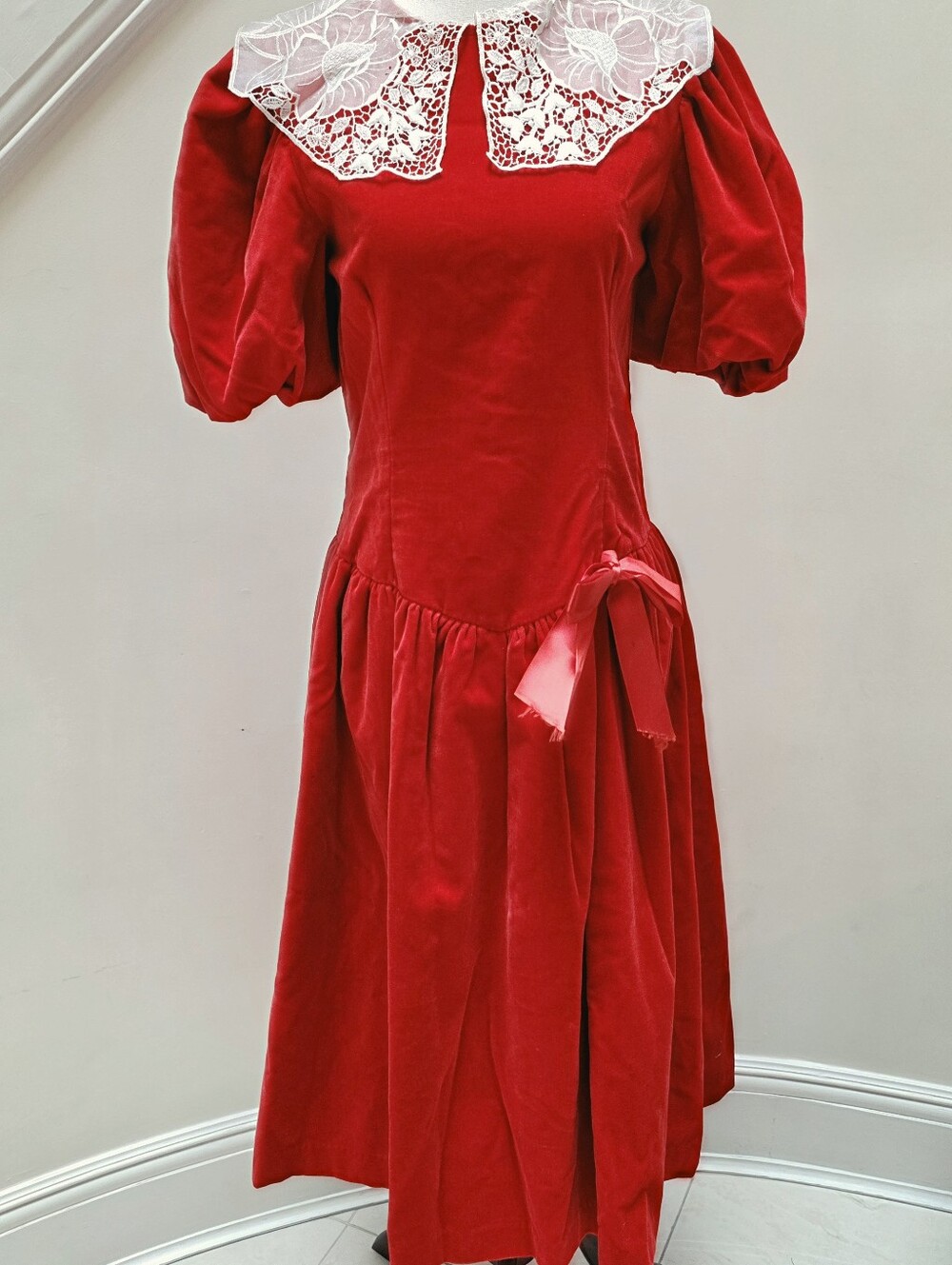 Red Velvet Princess Drop Waist 80s Dress Lace Collar and Ribbon BRITISH Costume